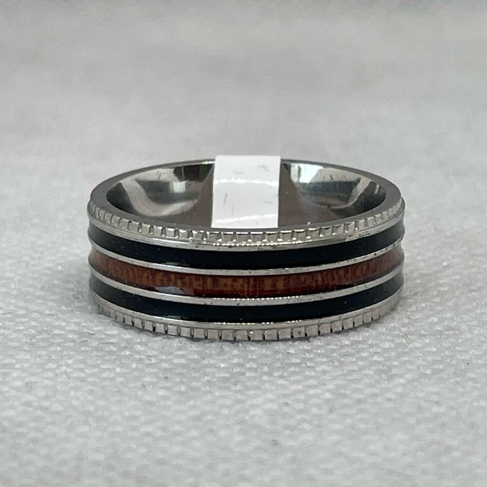 8mm Chisel Stainless Steel Polished Band With Black Resin & Wood Inlay Size 10